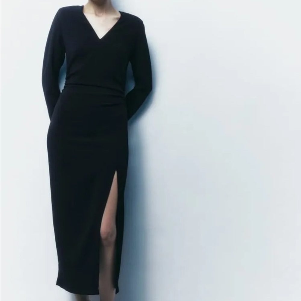ZARA Ruched Waist Midi Dress Black